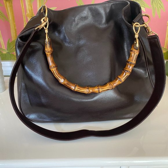 Gucci Handbags - Vintage 1990’s Gorgeous Gucci Brown Leather Bamboo Handle Bucket Purse